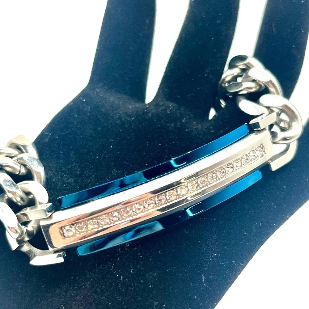 Blue bar rhinestone chain bracelet silver tone chunky modern